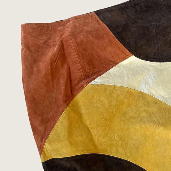 Y2K Colorblock Leather Skirt Size 20 Brown Tan Cream Patchwork Mini Plus Size - Picture 4 of 8